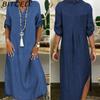 BITCED Summer Denim Dress For Women Casual Spring Blue Maxi Dresses V Neck Half Sleeve Plus Size Long Dresses With Slit