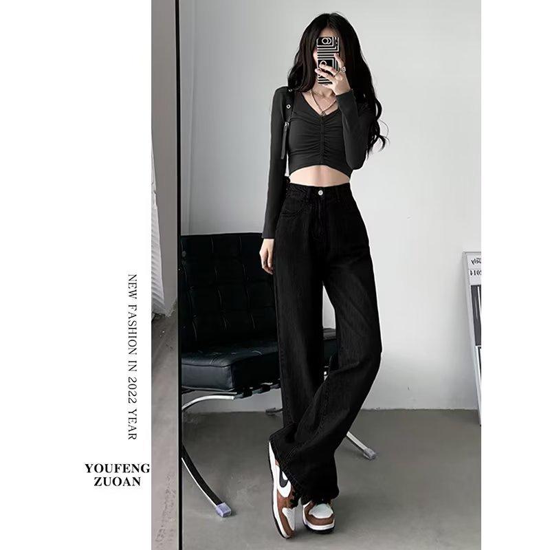 Women's High Waist Black Straight-Leg Jeans, Slimming Summer 2024 Thin Style, Small Size, Floor-Length.