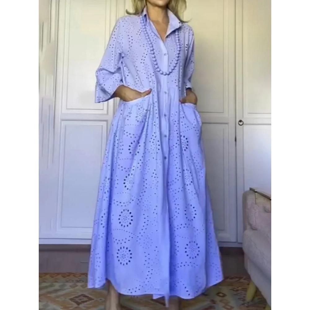 Spring and Autumn Solid-color Shirt Collar Loose Embroidered Cutout Large-sized Shirt Dress