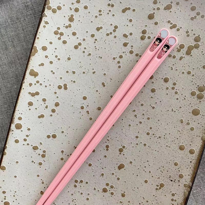 Girls Pink Cartoon Portable Silicone Tip Chopsticks Gift Set