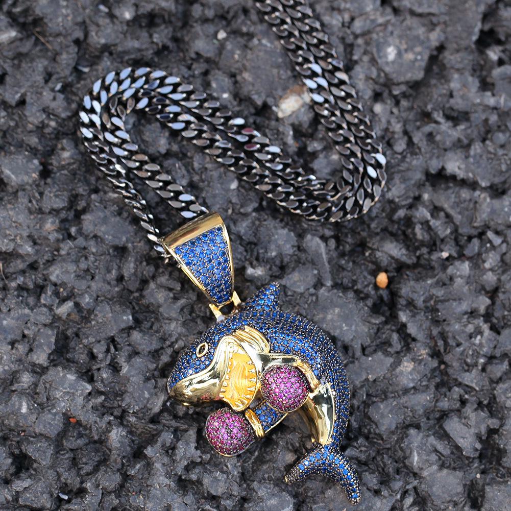 Boxing Shark Zircon Pendant Gun Black Cuban Chain Versatile Personality Necklace Accessories Men