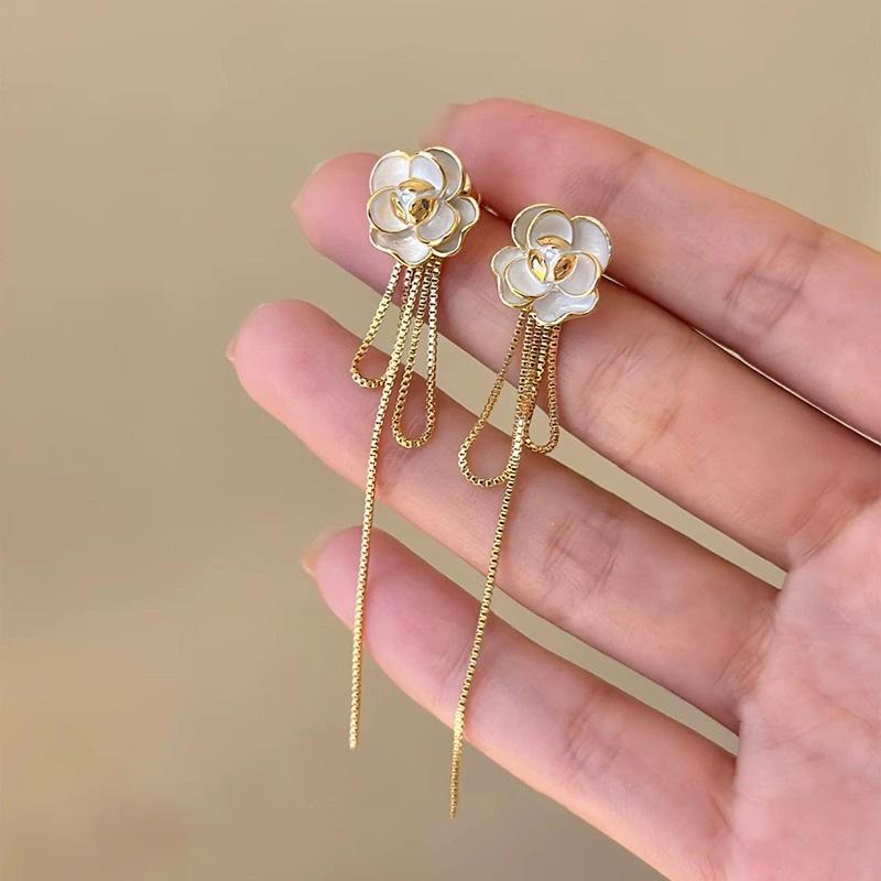 Elegant And Stylish Alloy Camellia Tassel Earrings Long And Slim Ear Thread Women's Fashion Accessories