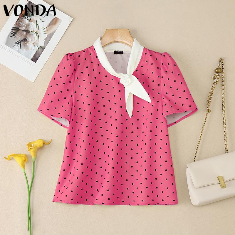 

VONDA Women Stand Neck Puff Sleeve 3D Flower Polka Dots Casual Cropped Blouse 5XL