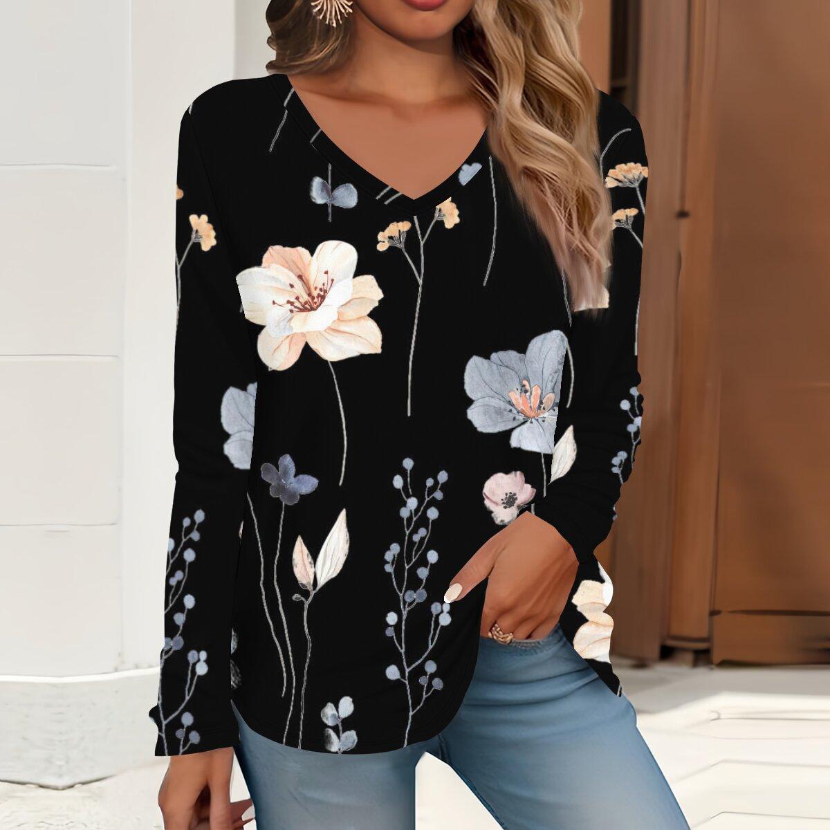 

2023 весна и осень новая мода с длинным рукавом повседневная футболка с v-образным вырезом и принтом