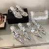 Fashion Advanced Sense ~! Silver Patent Leather Rhinestone Bow Pointy Half Slippers For Women With Fine Heels And High Heels