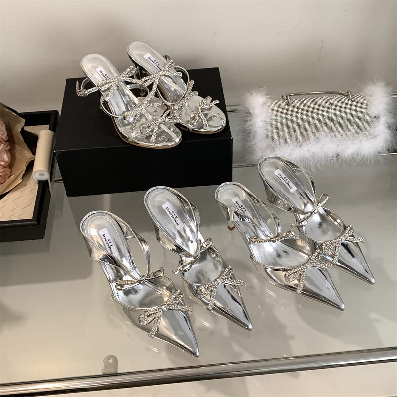 Fashion Advanced Sense ~! Silver Patent Leather Rhinestone Bow Pointy Half Slippers For Women With Fine Heels And High Heels