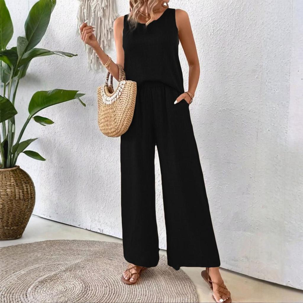 Ensemble d'été décontracté ample pour femme sans manches couleur unie dos creux dentelle