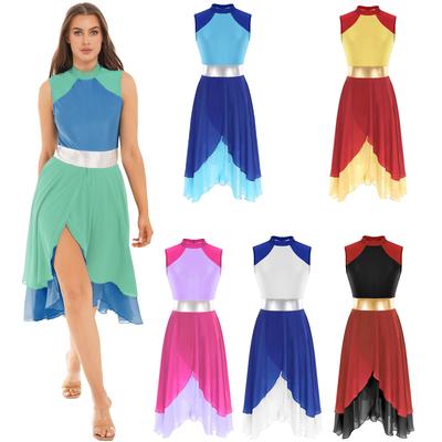 Women Sleeveless Asymmetrical Lyrical Dance Costumes Color Block Stage Performance Ballet Tutu Dancewear Ballroom Leotard Dress