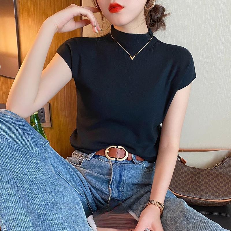 Summer Base Layer, New Short-sleeved T-shirt, Women's Knitted, Elegant, Solid-color, Front-shoulder, Mid-neck Top