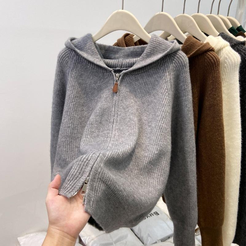 Autumn and Winter Double Zipper Knitted Sweater Jacket Women's Popular Hooded Pit Strip Design Sense Age-reducing Small Cardigan