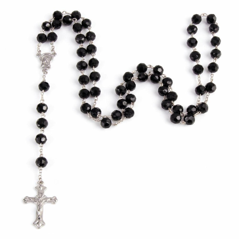 Katholischer Rosenkranz Kreuz Anhänger Halskette Lange Kette 8mm Perlen Rosenkranz Halskette Kristallperlen Religiöser Kruzifix Anhänger Kette