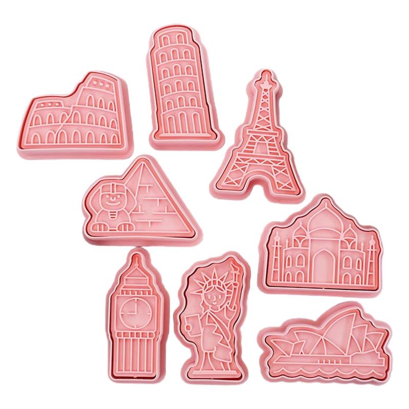 

8 Pcs Plastic Cookie Cutters With Plunger Stamps Set Building Themes Cookie Stamps Cartoon Fun Cookie Mold Easy to Use 1