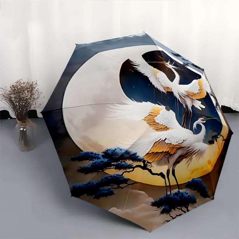 1pc Elegant Crane Dance Moonlit Night Auto Open Close Umbrella - Portable 3-Fold Design with Iron Frame, Perfect for Outdoor, Festive Gifts, Trav