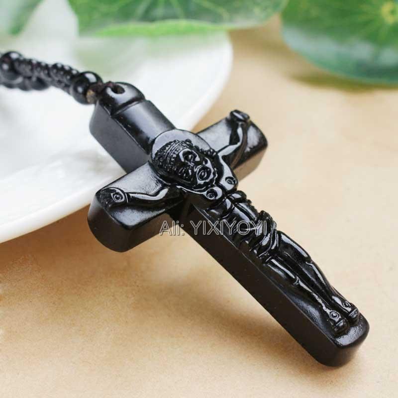 Natural Black Obsidian Carved Cross Lucky Pendant + Beads Necklace for Woman Man Crystal Jade Charm Gift Jewelry