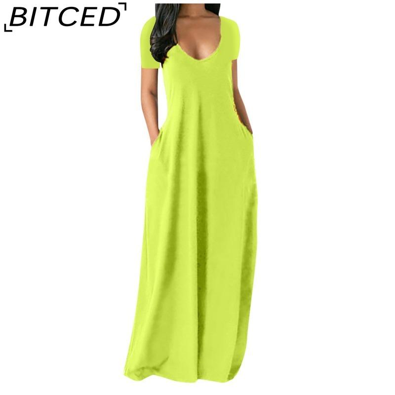 BITCED Summer Plus Size Women's Solid Colour Sensual Deep V-Neck Short-Sleeved Pocketed Maxi Dress