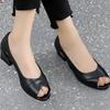 Fashion Leather Summer 2024 Outdoor Open Toe Thick Heel for Office Work Ladies Shoes Footwear with Medium Heels Black Sandals Women Sale