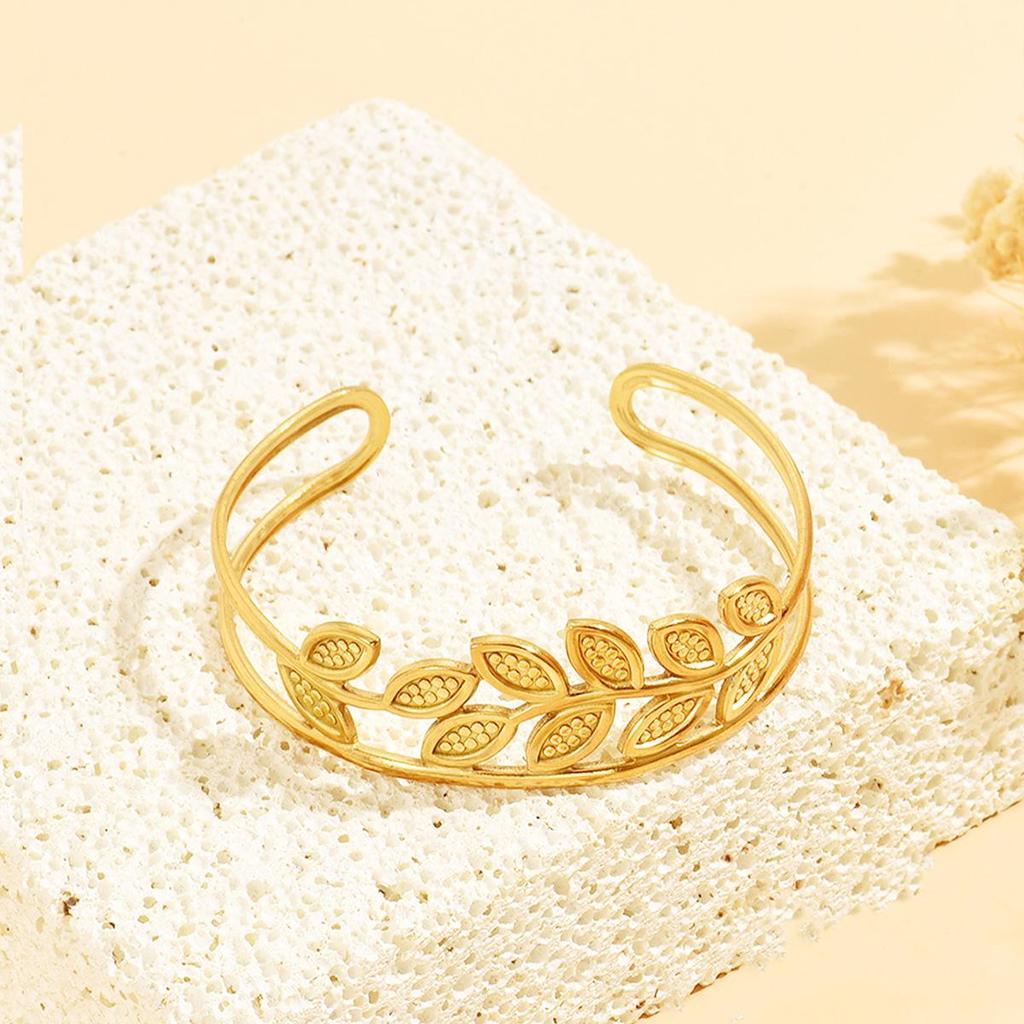 18K Gold Plated Stainless Steel Leaf Bracelet - Hollow Forest Style, European & American C-Shaped Design