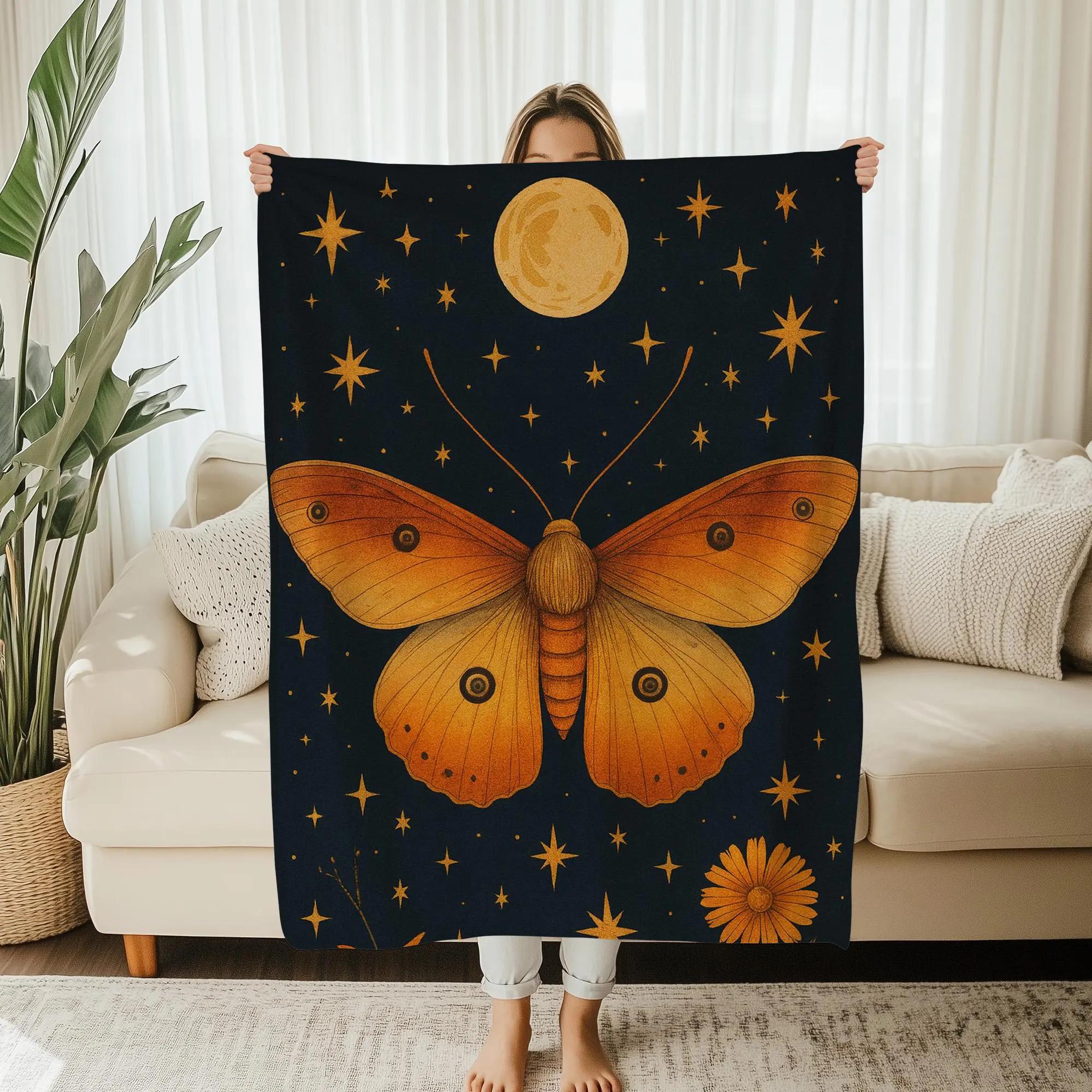 Moth and Moon Fleece Throw Blanket Celestial Butterfly Witchy Lunar Blanket Soft Cozy Starry Sky Throw for Bedroom Sofa 75x100cm (30x40inch)