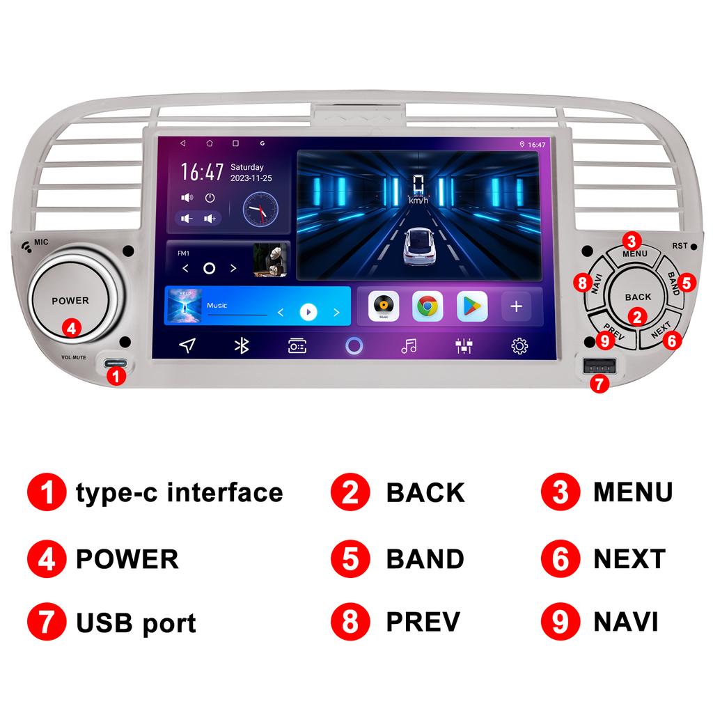 7" Android-Autoradio für FIAT 500 2007-2015 Multimedia-Player GPS-Navigation Autoradio Unterstützung Carplay BT DAB OBD2 TPMS