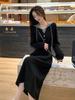 Korean Plus Size Elegant Hooded Waist-Cinched Mid-Length Dress for Spring/Autumn