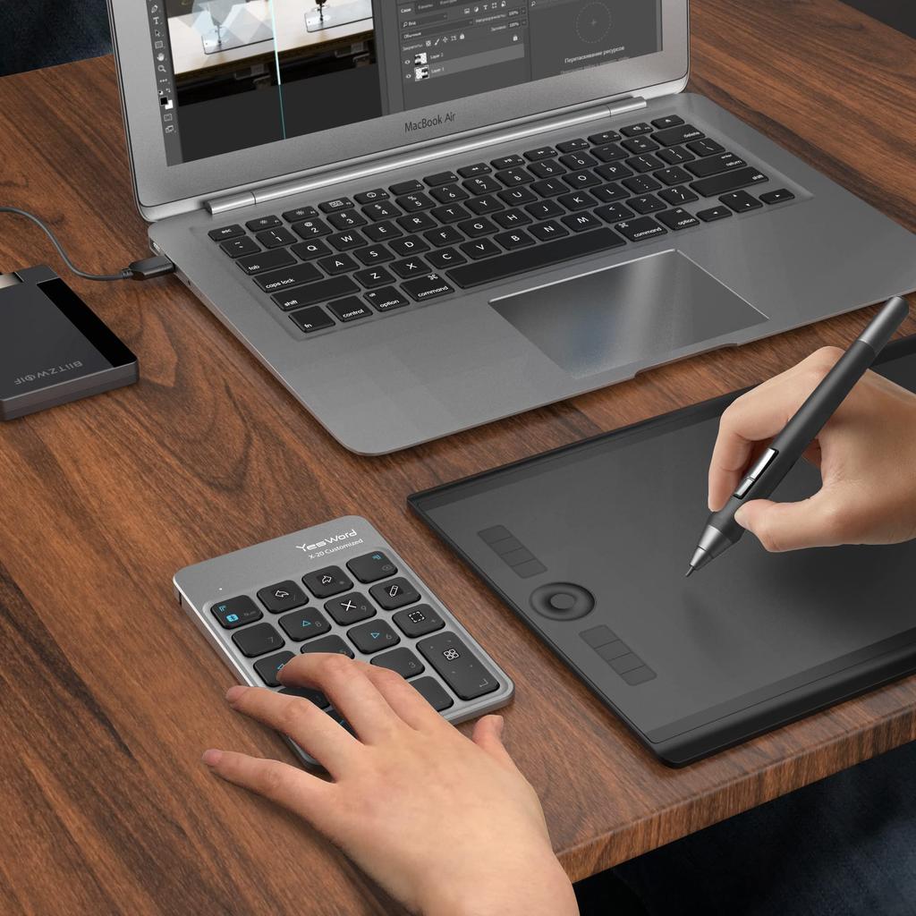 YesWord X-20 Left-Handed Device, Customizable Wireless Keypad, Illustration, Video, Image Editing, USB-C Charging