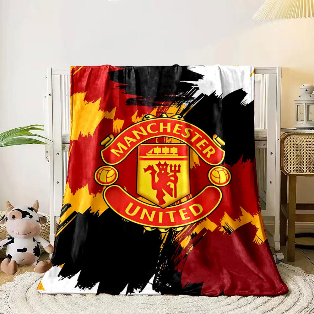 Bold Red, Yellow, Black Brush Strokes with a Central Manchester United Crest. for All Seasons Blanket Lunch Break Throw Gift