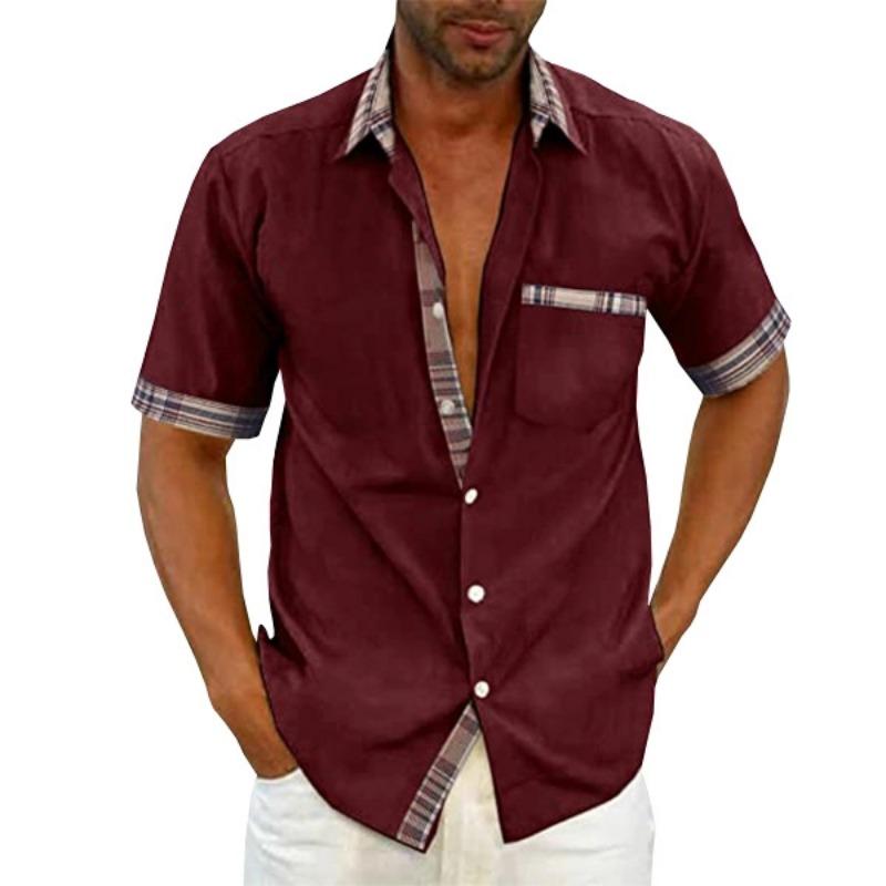Men's Summer Casual Button Down Shirt Fashion with Plaid Trim Pocket Detail Short Sleeve