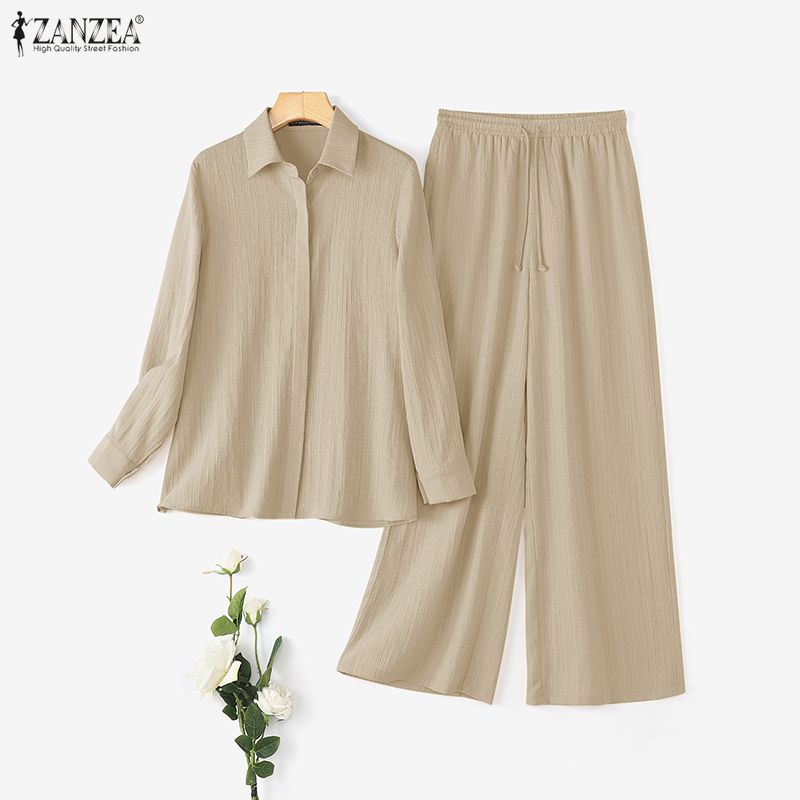 ZANZEA Women Long Sleeve Blouse and Pants Casual Two Piece Suit Sets