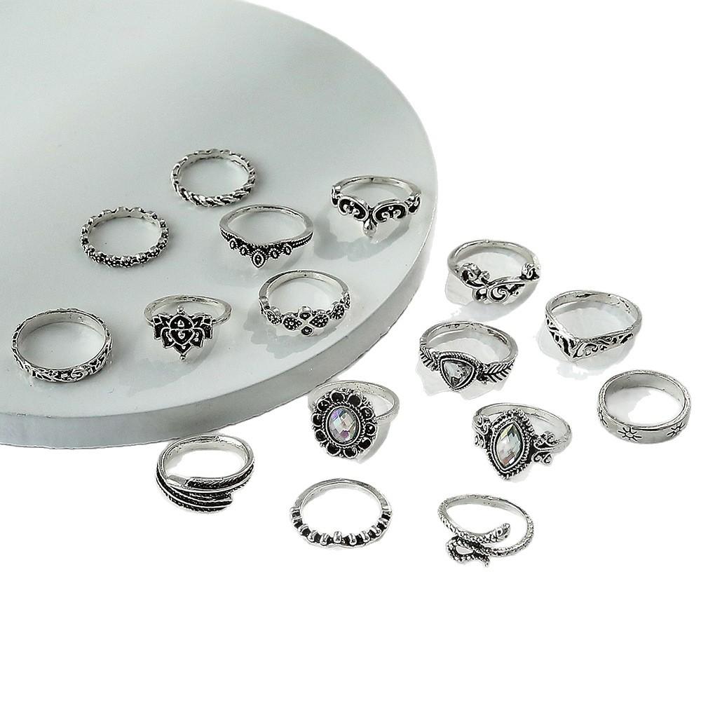 Retro Übertriebener Hohlgeschnitzter Lotus-Form 16-teiliges Kombinationsring-Set