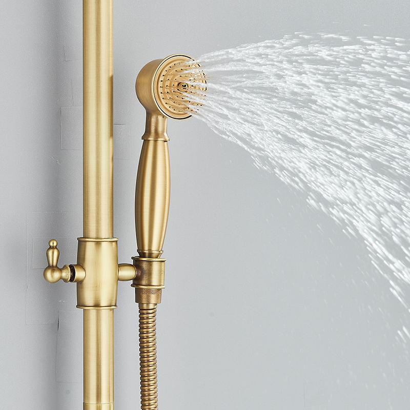 Antique Brass Shower Faucet Mixers Dual Handle Rainfall 8" Brass Shower Head with Bath Storage Shelf and Hooks Shower Water Tap