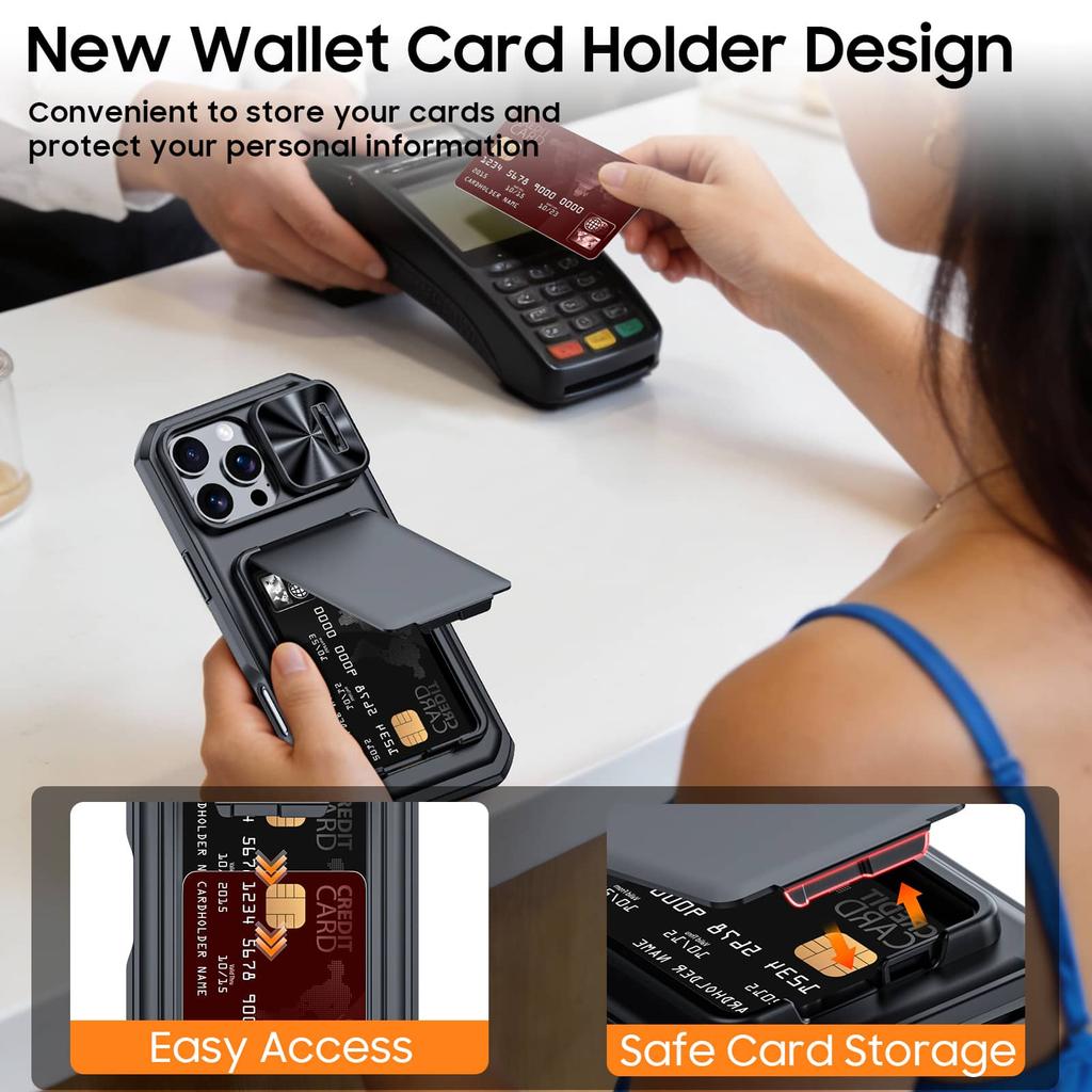 WEFOR Case for iPhone 17 16 15 Pro Max Wallet Card Holder 3-4 Cards Kickstand Slide Camera Cover Wrist Strap Rugged Shockproof