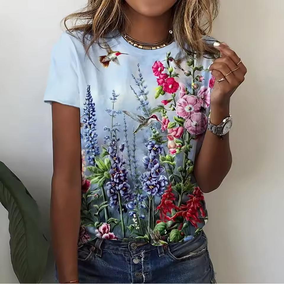 Women's Floral Themed 3d T-Shirts Floral Botanical T-Shirts Oversized Basic Short Sleeve Tops Fashionable Summer Clothes for Women