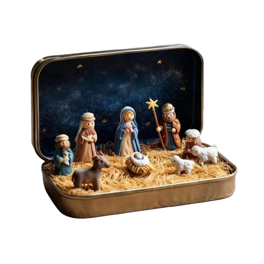 Holiday Exchange Gifts Handcrafted Miniature Christmas Nativity Set Tin Box Holy Family Ornament Pocket Nativity Scene Gift