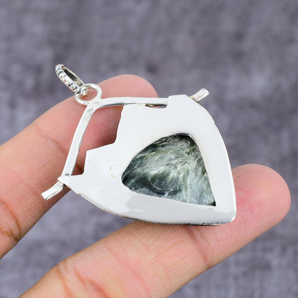 Natural Seraphinite, Diopside Gemstone 925 Sterling Silver Pendant 2.28" ET-1559