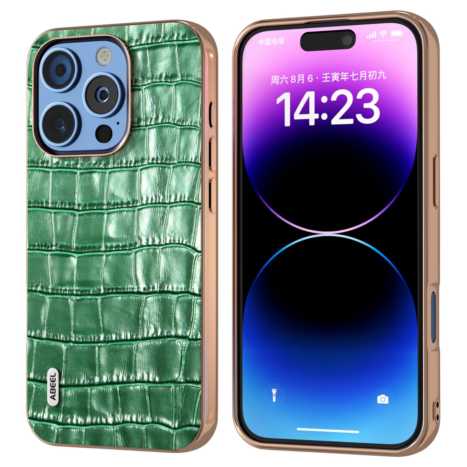 

ABEEL For iPhone 16 Pro Case Electroplating Phone Cover Crocodile Texture Genuine Cow Leather+TPU Protective Case Green