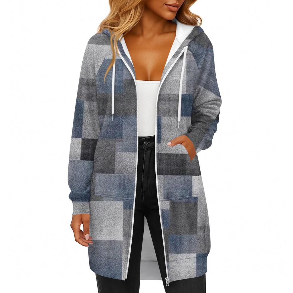 Women's Fashionable Printed  Long Sleeved Drawstring Hooded Zipper Pocket Long Casual Sweatshirt Jacket