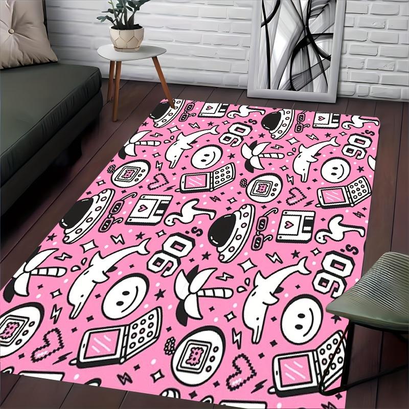 Pink Carpet Fashionable and Joyful Face Geometric Cartoon Printed Rug Machine Washable and Non Slip Decorative Living Room Mat