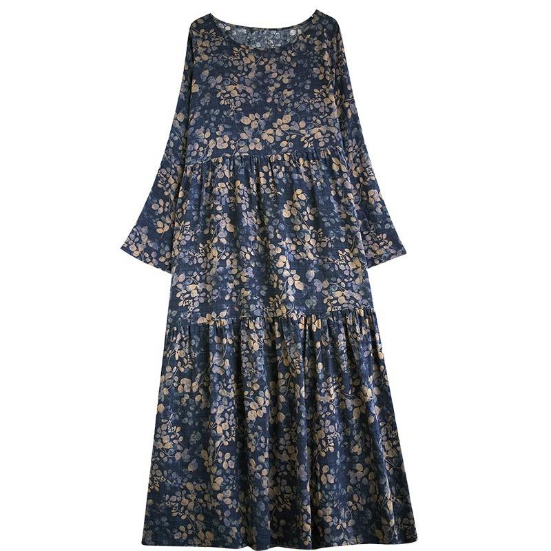 Real Autumn New Thin Cotton and Linen Fat MM Long Sleeves Loose and Thin Cake Big Pendulum A Word Dress Women