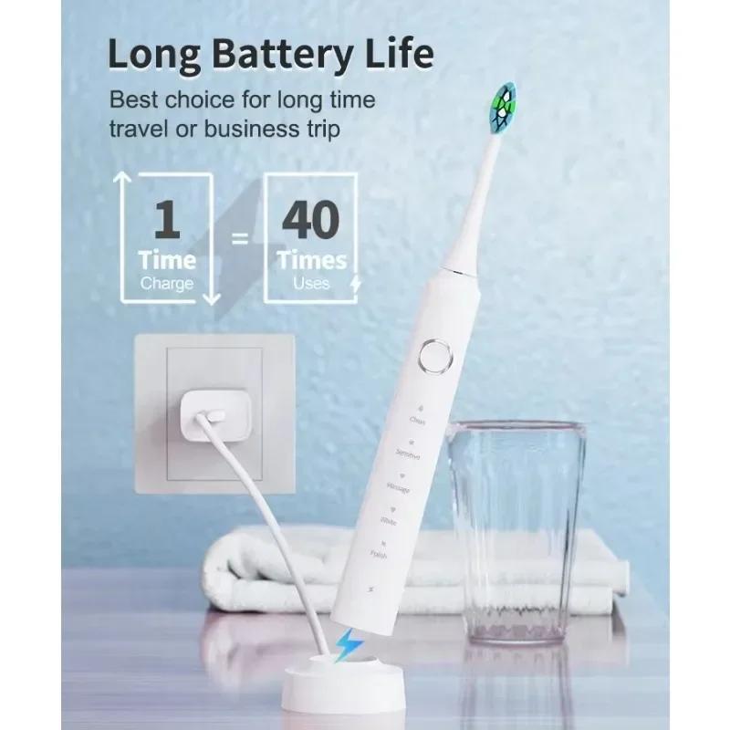 Electric Toothbrush USB Rechargeable Dental Electric Brush Automatic Ultrasonic IPX7 Waterpoof Toothbrush with 6 Brush Heads
