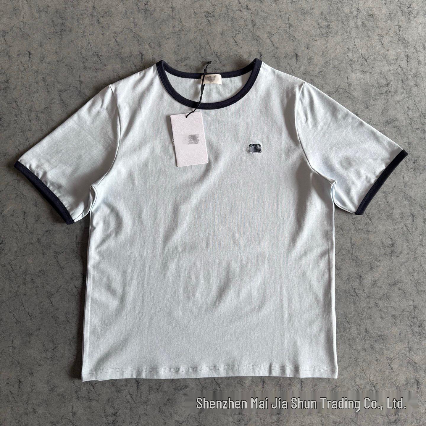 Color Block Pure Cotton Embroidered Slim Fit Women s T-Shirt with Short Sleeves S светло-синий