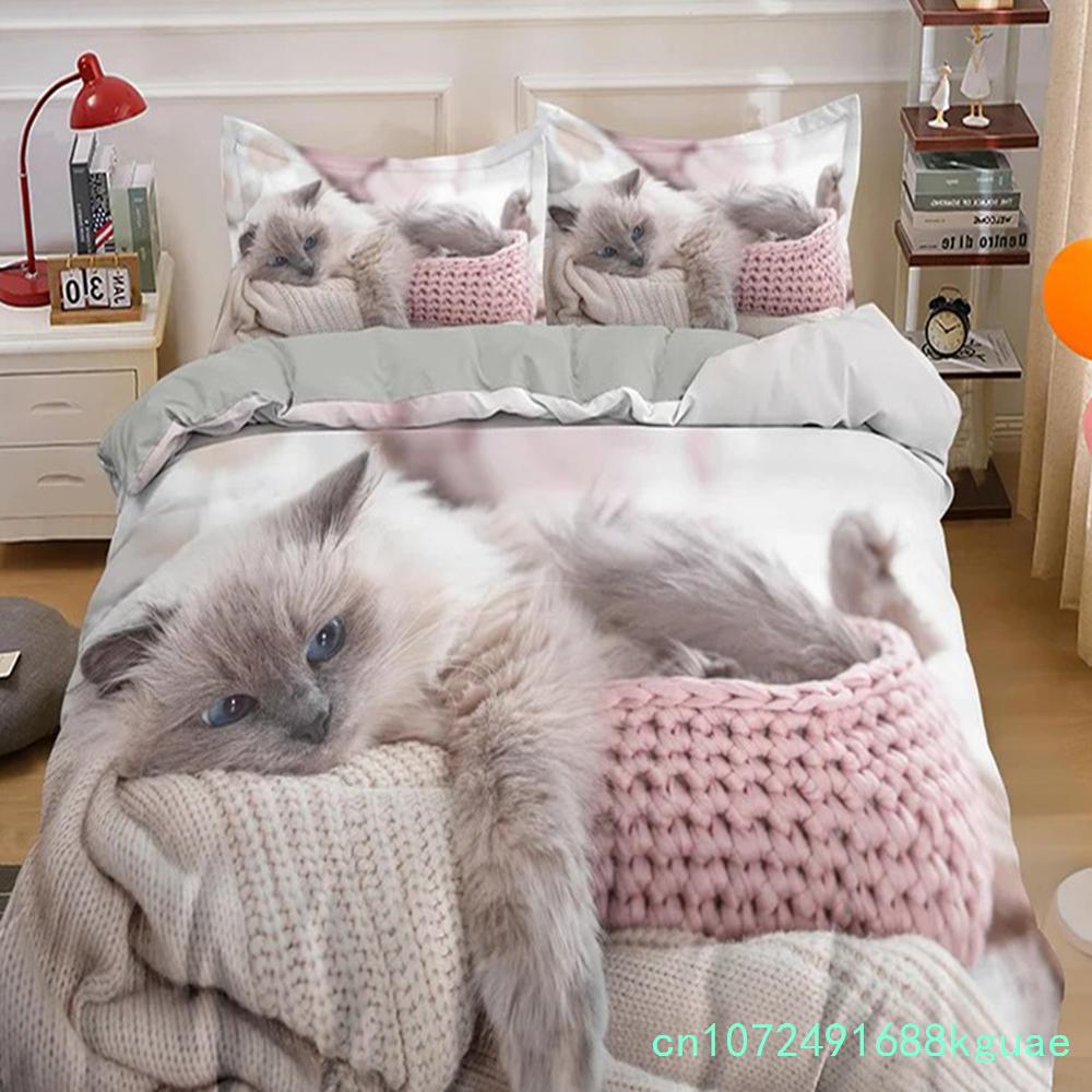 3D Cat Bedding Set Luxury Animal Duvet Cover With Pillowcase Queen King Single Double Size For Girls Boy Polyester Quilt Cover