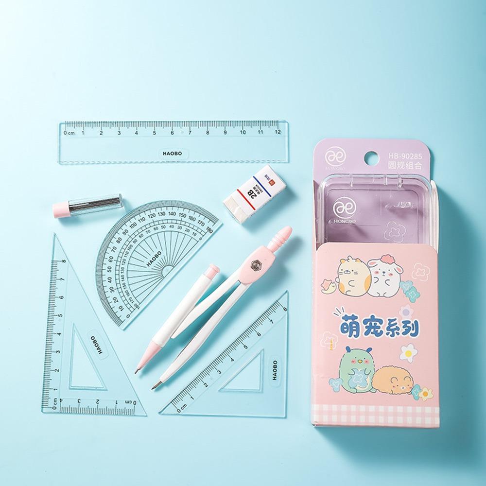 7PCS/Set Plastic Ruler Compasses Set Straight Ruler Set Square Stationery Ruler Set Propelling Pencil Drawing Tool Students