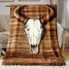 1pc Wooden Bull Skull Pattern Flannel Blanket Rustic Western Style Soft Warm Throw for Bedroom Living Room Decor