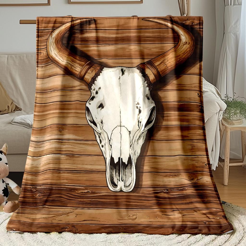 1pc Wooden Bull Skull Pattern Flannel Blanket Rustic Western Style Soft Warm Throw for Bedroom Living Room Decor