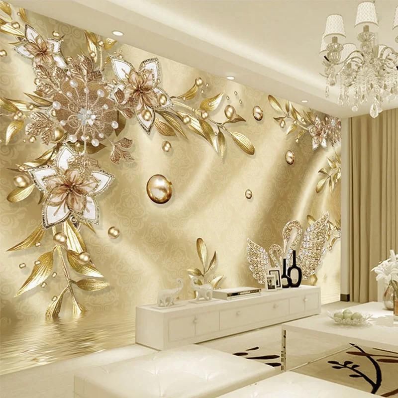 Mural de Perete Stil European Lux Auriu Flori Bijuterii Tapet Living Mural 3d Decor Acasă