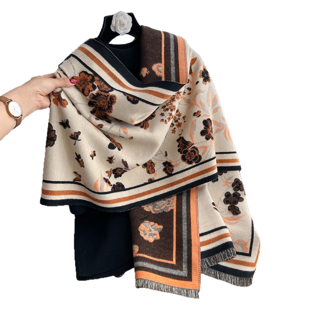 Autumn And Winter Scarf Women'S Versatile Imitation Cashmere Thickened Warm Shawl Double-Sided Imitation Cashmere Dual-Purpose Flower