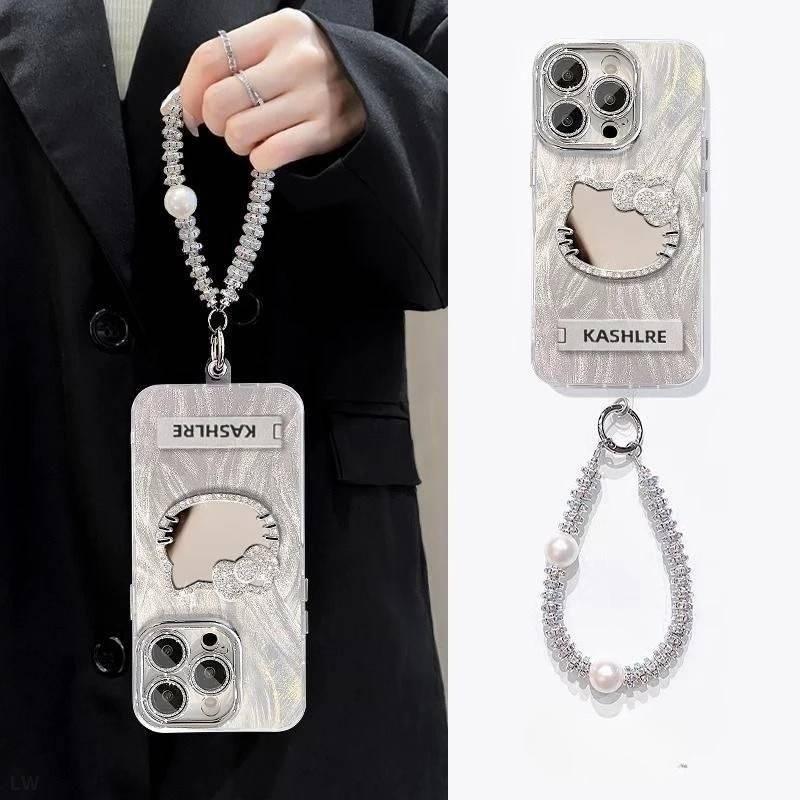 Fine Hole Flashing Powder Feather Yarn Suitable for Apple 16 Mobile Phone Case KT Cat with Mirror Iphone15promax Protective Case 14