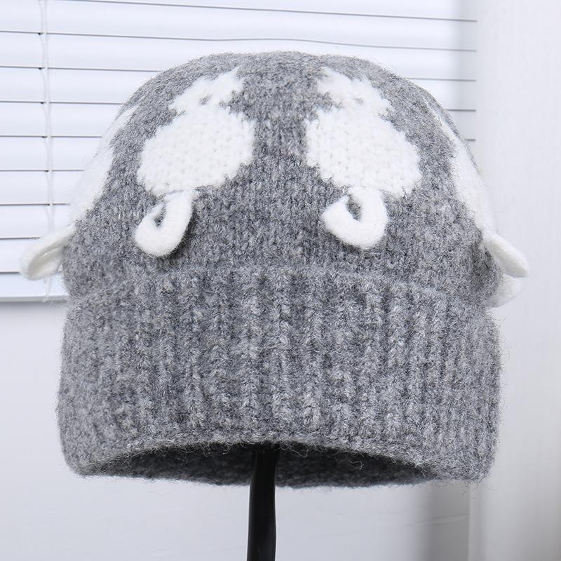 New Cute Cat Jacquard Knitted Wool Hat Female Source Autumn and Winter Warm Cold Hat Showing Face Small Headhat