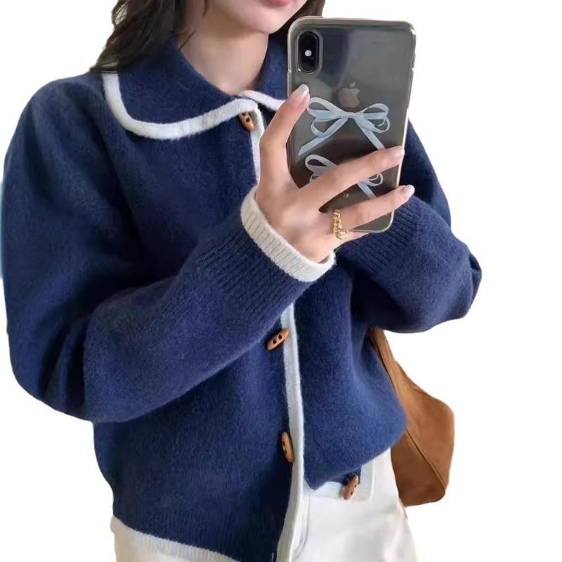Contrasting color lapel horn buckle knitted cardigan women's autumn and winter new lazy wind loose soft waxy sweater jacket tide