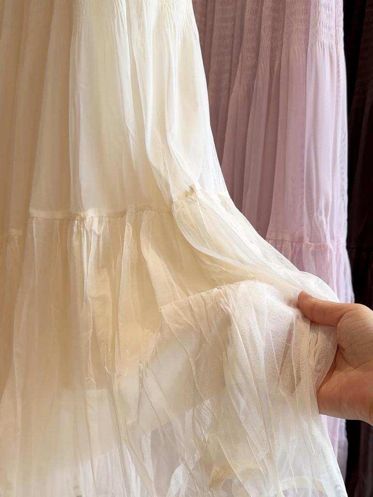 Elegant Pleated Mesh Patchwork A-Line Skirt - Women's Autumn Elastic Waist Midi